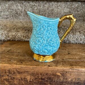Aqua Blue Floral Ceramic Pitcher with Gold Handle